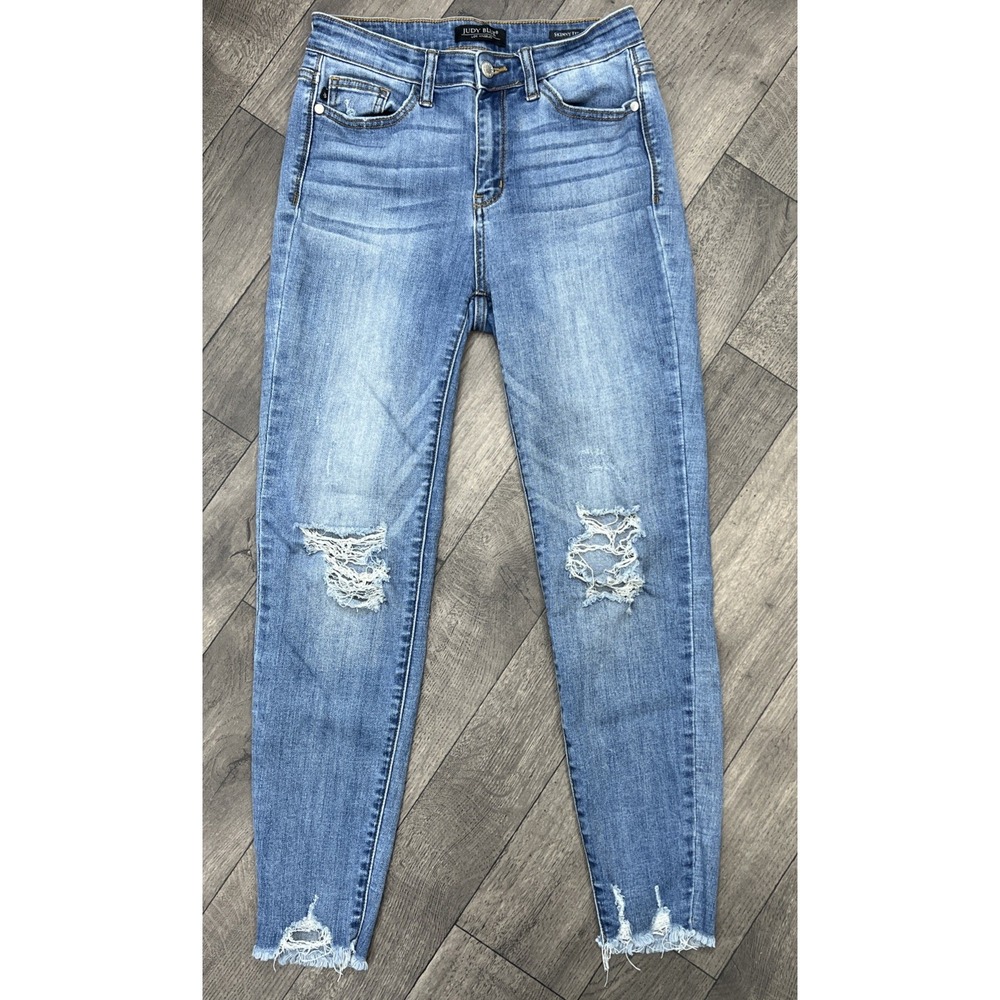 Judy Blue Skinny Jeans Women 5/27 Medium Blue Excellent Distressed Frayed Hem